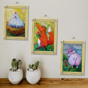 Triptych children’s room 4*6 inch fox, sheep, chicken