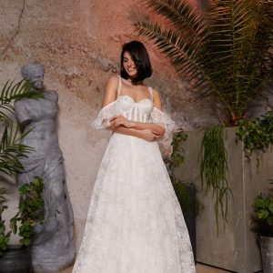 Boho, modern beads floral bridal dress. Off shoulder wedding dress.
