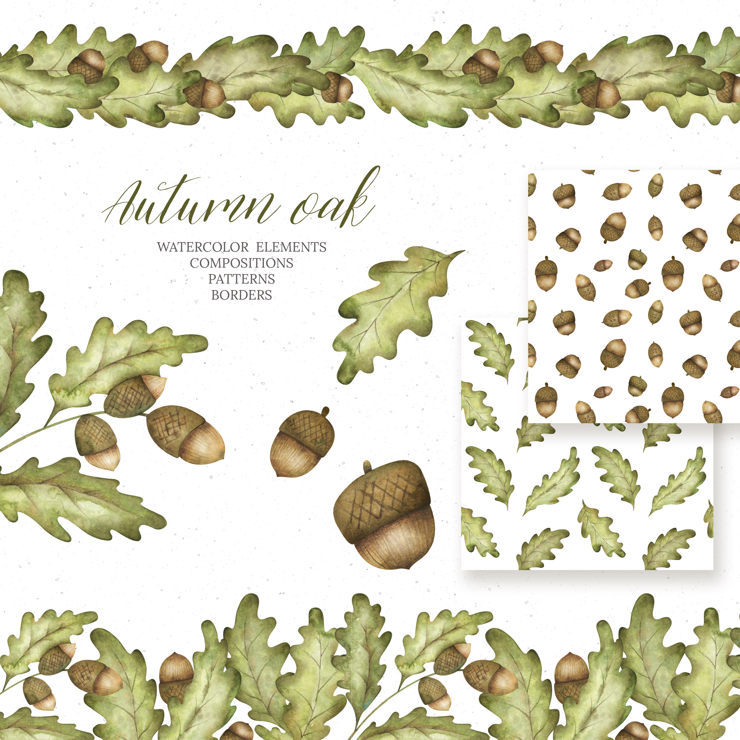 Watercolor acorn clipart. Oak leaves, seamless patterns 1 Fall clip art