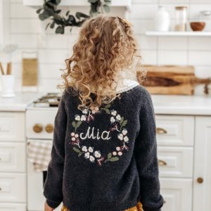 Personalized sweater with embroidered name & floral for girl.