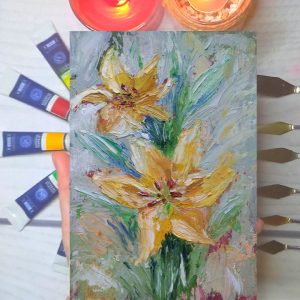 Lilies painting 6*8 inches garden oil art impasto by Yalozik