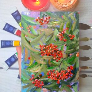 Rowan red berries oil painting 6*8 impasto by Yalozik
