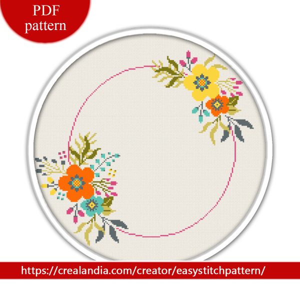Floral Wreath Cross Stitch Pattern. Flower border.