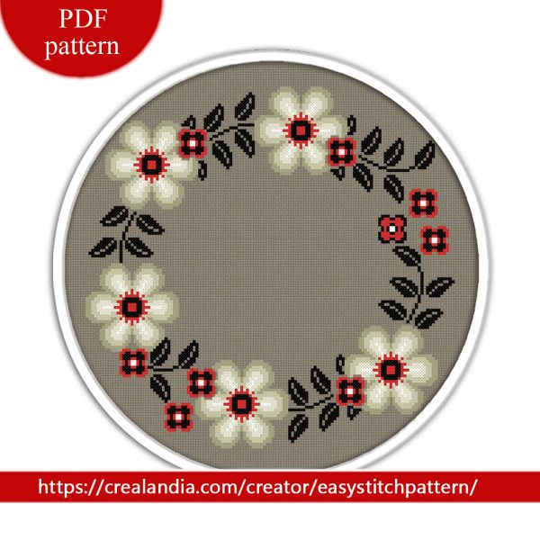 Gothic Cross Stitch Pattern, Floral Wreath, flower frame