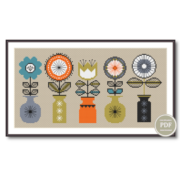 Floral Cross Stitch Pattern, Flowers in a Vase Retro Style, Modern Cross Stitch