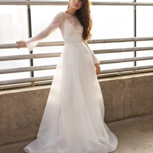 Boho wedding gown, long sleeves, organza bridal gown with train