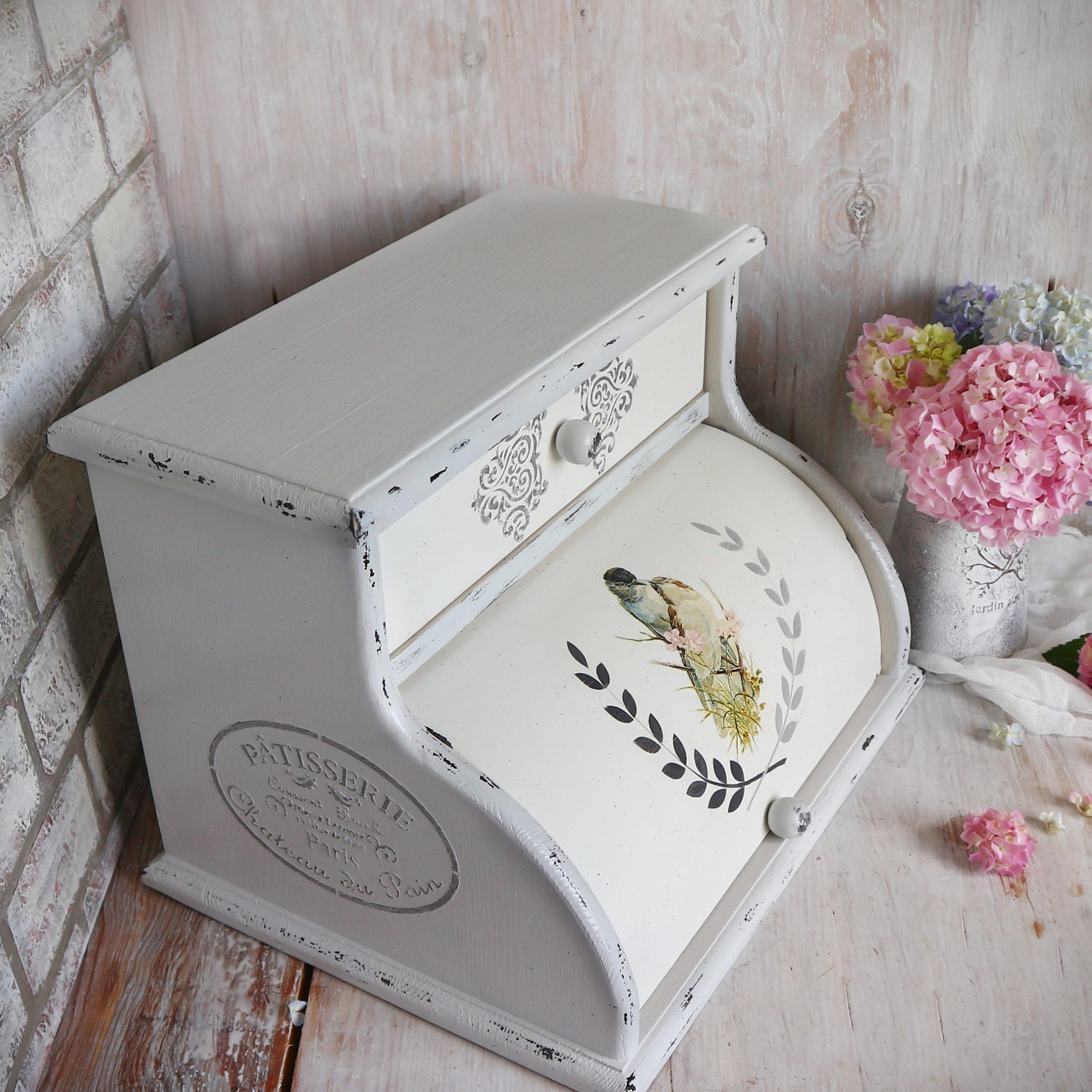 Shabby chic handmade bread box for kitchen adove