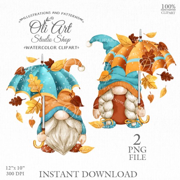 Autumn gnomes. Fall. Gnome with an umbrella. Autumn leaves