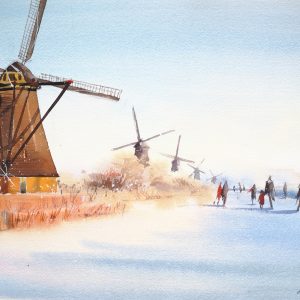 Watercolor Windmills and frozen canal