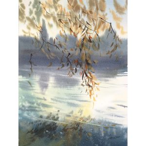 Willow branches bent over the smooth surface of water – Watercolor