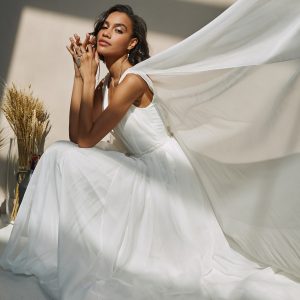 Asymmetric Satin low back wedding dress. Veil cape dress.