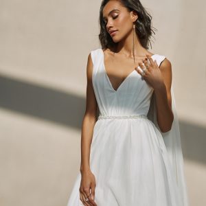 Asymmetric Satin low back wedding dress. Veil cape dress.