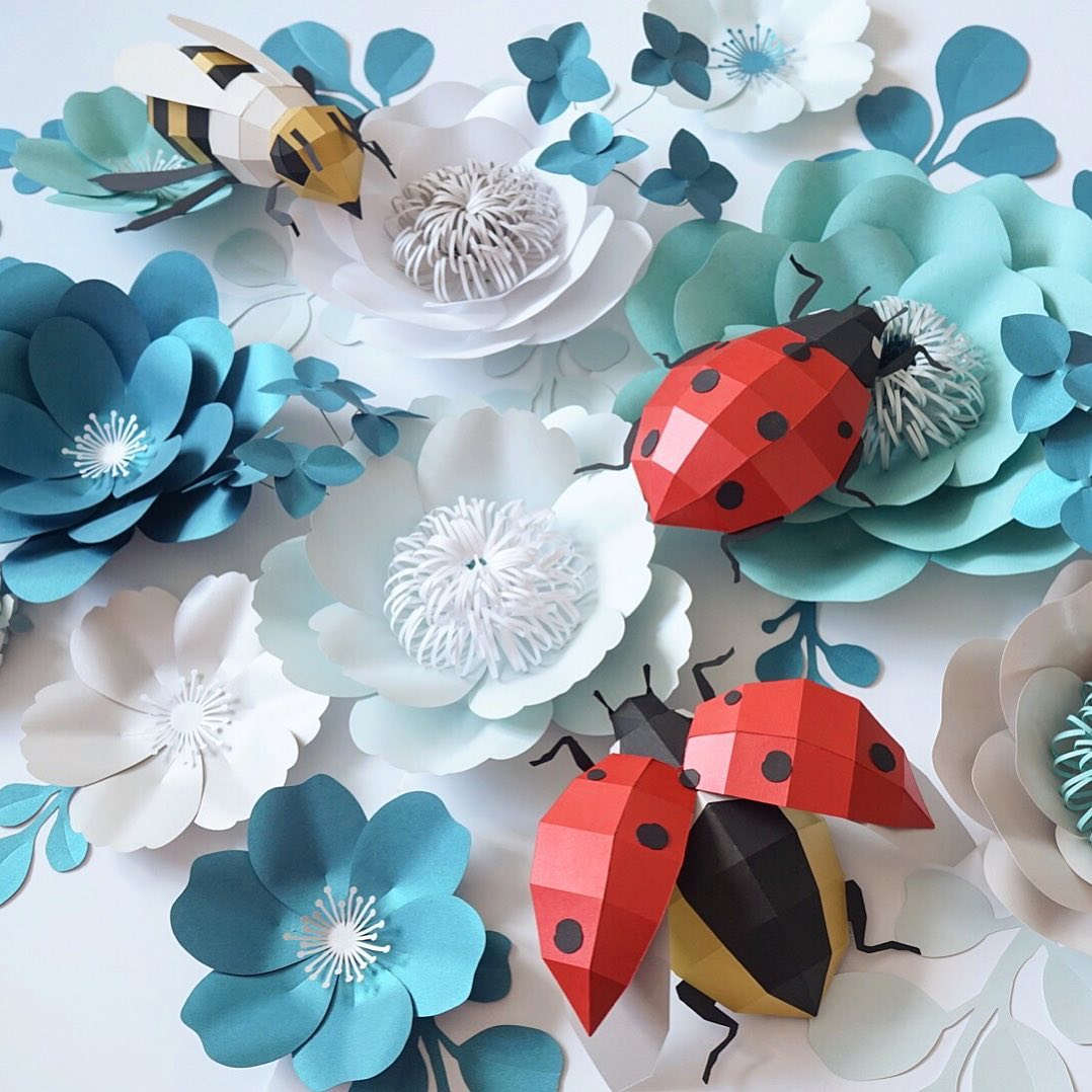 3d papercraft ladybugs pdf template, low poly pattern, origami 3d