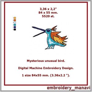 Digital Machine Embroidery Design. Mysterious unusual bird.