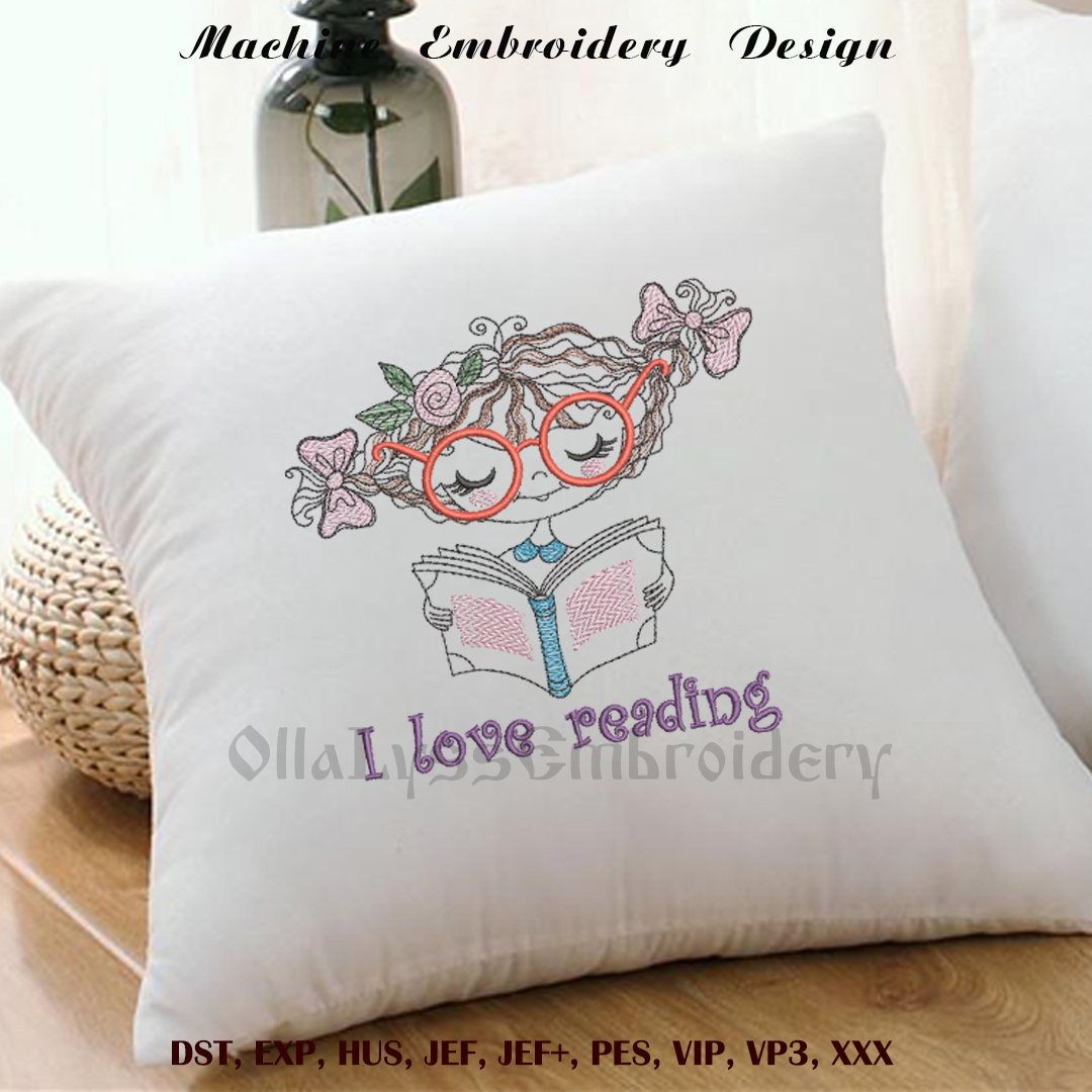 Reading girl embroidery design 2 Reading girl design for pillow
