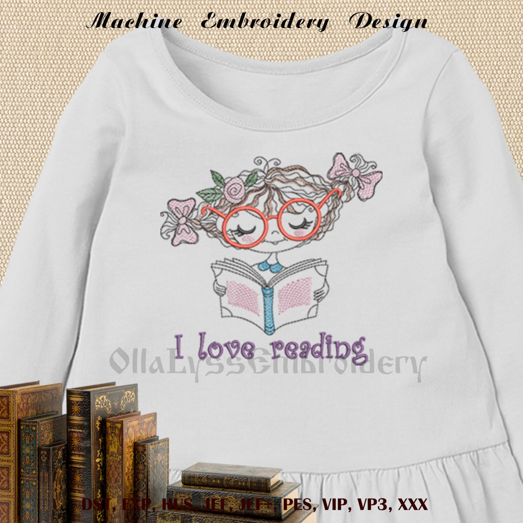 Reading girl embroidery design 3 Reading girl sketch design