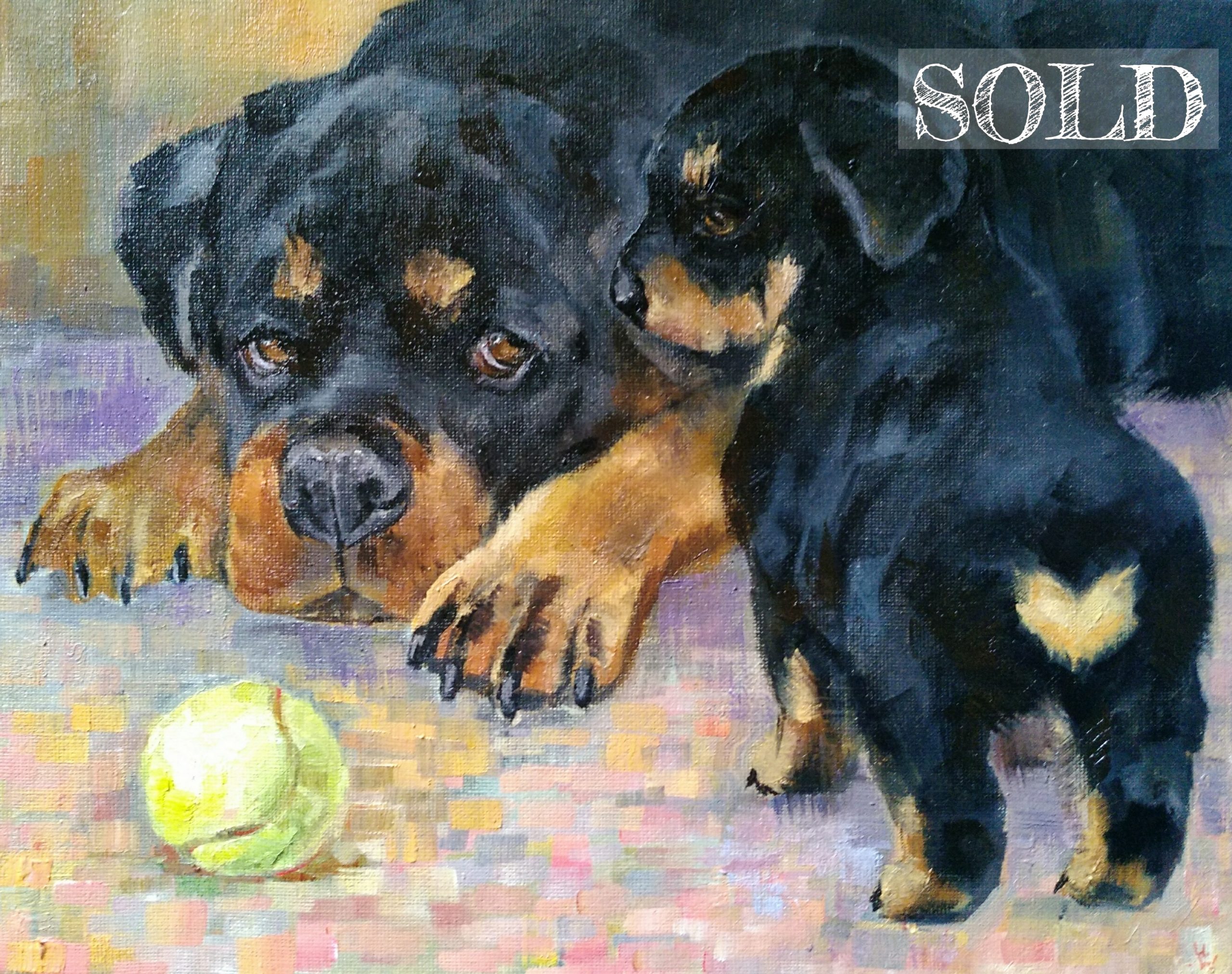 An Original Oil Painting Of Two Rottweilers Noted Sold