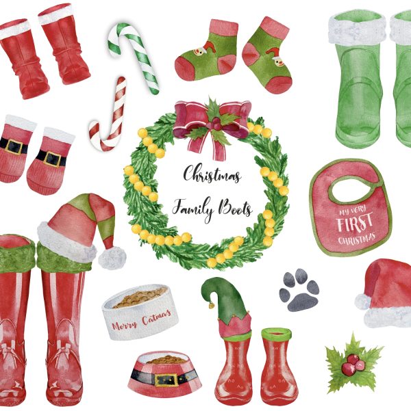 Watercolor Christmas wellies clipart. Personalised family Welly Boots