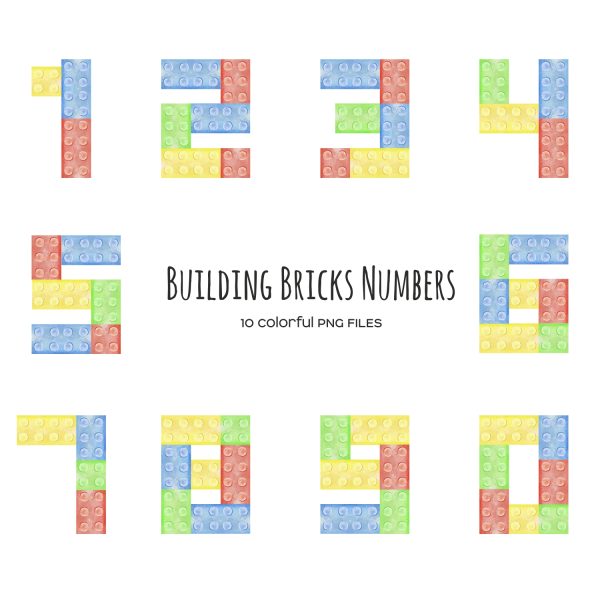 Watercolor Plastic Building Bricks Numbers Digits 0-9