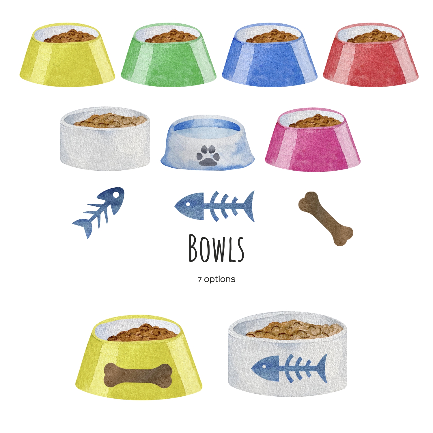 Watercolor dog accessories and pets supplies clipart 2 Watercolor pets necessities bowls