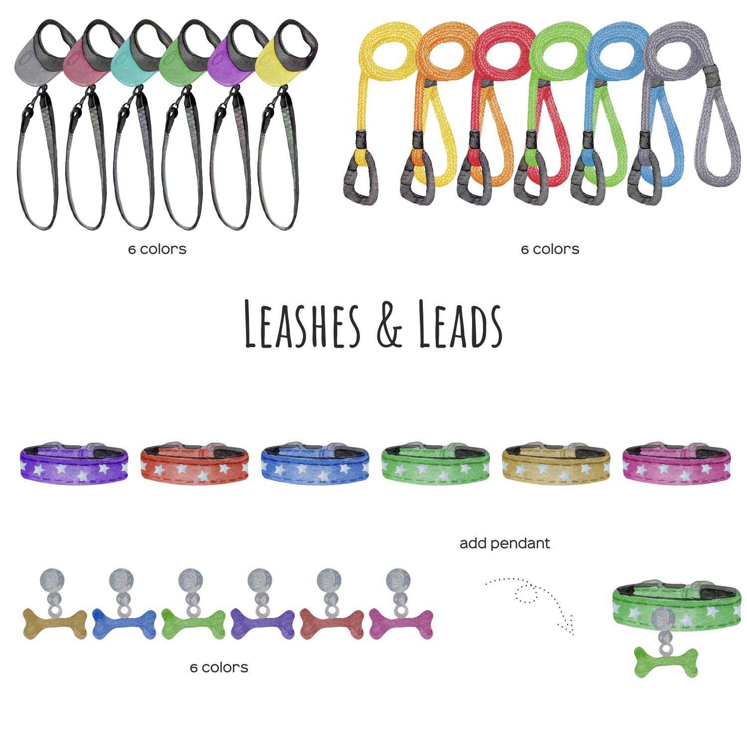 Watercolor dog accessories and pets supplies clipart 3 Watercolor pets leashes and leads