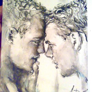 Original gay art, sexy boys in Love, kiss embrace, two heads portrait, watercolour.