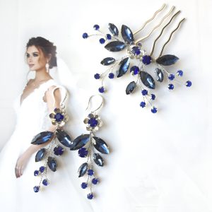 Dark blue bridal jewelry set Royal blue hair comb and earrings
