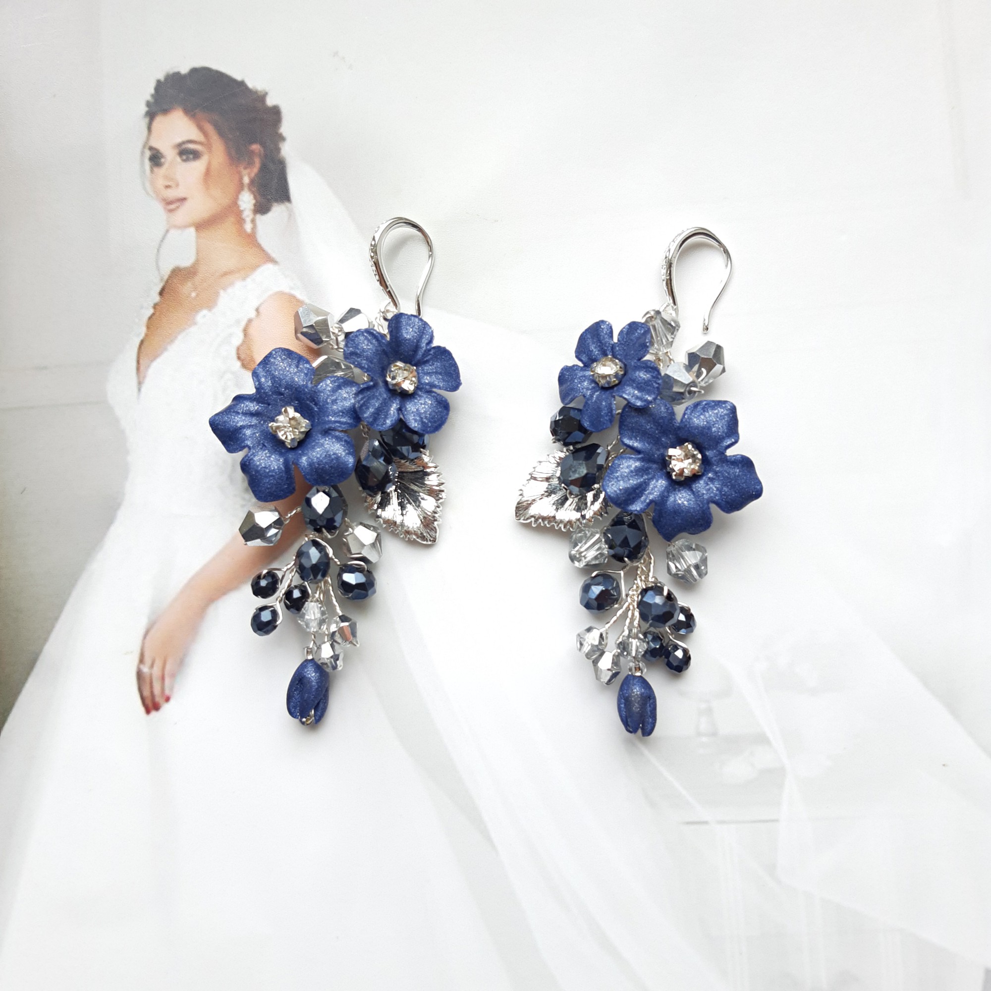 Navy blue hot sale flower earrings