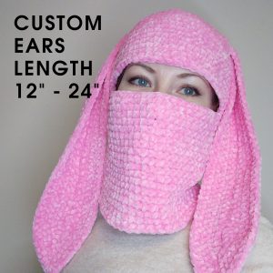 pink bunny balaclava crochet. fluffy bunny balaclava hat