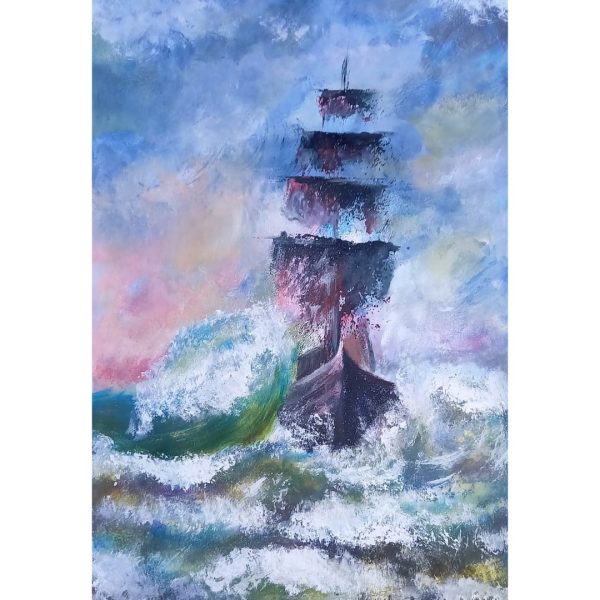 Pirate Ship Painting 16*24" Storm Waves Acrylic by Yalozik