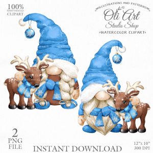 Christmas Gnome Reindeer Blue Cute Characters Hand Drawn graphics