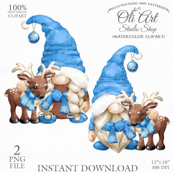 Christmas Gnome Reindeer Blue Cute Characters Hand Drawn graphics