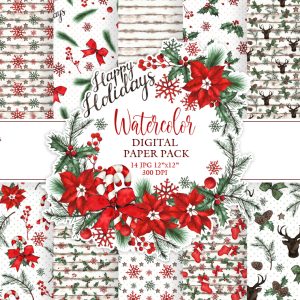 Christmas digital paper pack. Christmas Watercolor art digital