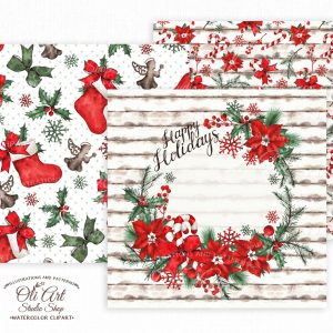 Christmas digital paper pack. Christmas Watercolor art digital