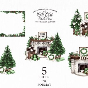 Сhristmas Watercolor clipart. Christmas fireplace and tree.
