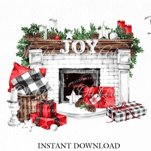 Сhristmas digital clipart. Christmas fireplace. Joy. Hand Painted