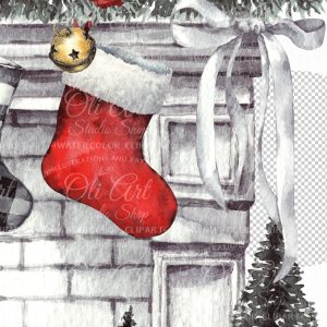 Сhristmas digital clipart. Christmas fireplace. Joy. Hand Painted