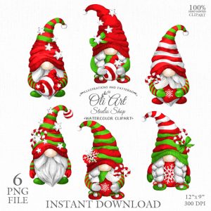 Watercolor christmas gnomes clipart,Scandinavian gnomes green red