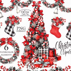 Сhristmas Watercolor clipart. Christmas tree, wreath, socks