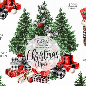 Сhristmas Watercolor clipart. Christmas tree, Gift Box. Watercolour gifts