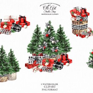 Сhristmas Watercolor clipart. Christmas tree, Gift Box. Watercolour gifts