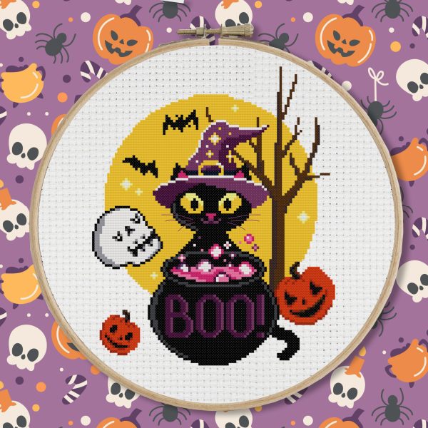 Funny Halloween cat cross stitch pattern