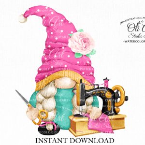 Gnome and sewing machine digital clipart png, сute characters