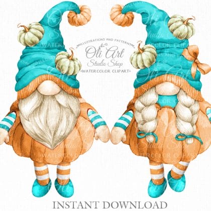 Fall gnomes clipart, autumn pumpkins, hand drawn graphics Blue