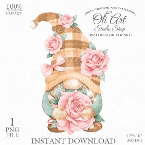 Gnome with pink rose flowers, digital clipart png, сute characters