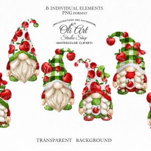 Gnomes & red apple clipart, Cute characters, Hand Drawn graphics