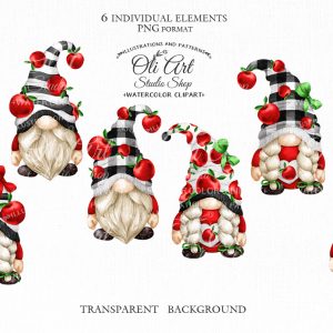 Gnomes & red apple clipart, Cute characters, Hand Drawn graphics