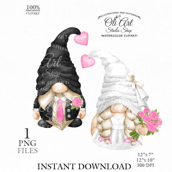 Bride and groom gnomes digital clipart png, сute characters