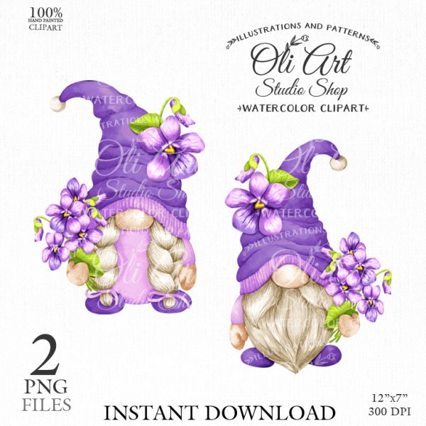 Gnomes with violets clipart. Digital clipart png, сute characters
