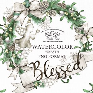 Сhristmas wreath clipart. Happy holidays frame. Blessed.